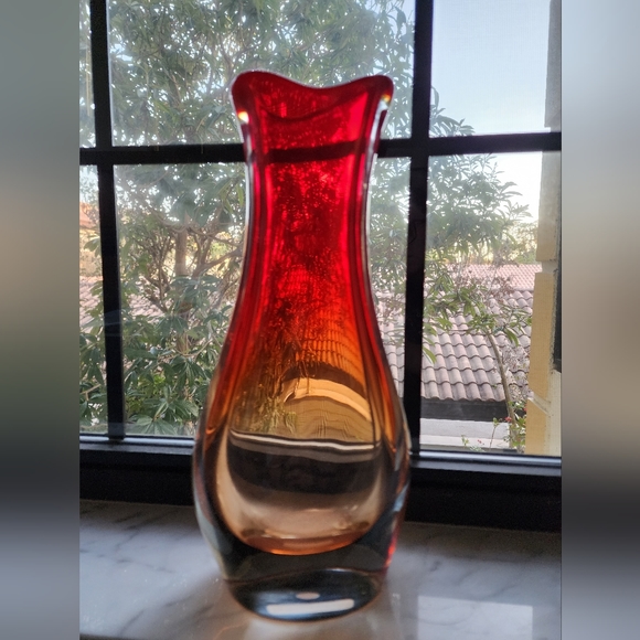 Vintage Novica Collection Red Orange Blown Glass Vase Brazil 13